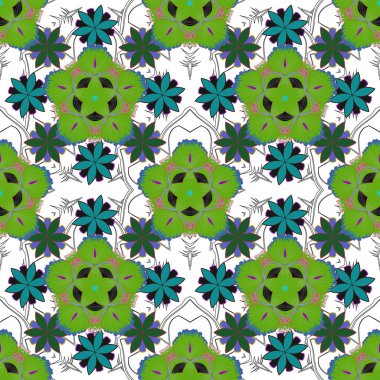 Tebrik etmek ya da kartvizit, fon, kumaş ya da tekstil için kullanılabilir. Vektör Kızılderili Çiçek Paisley patten. Etnik havlu, kına tarzı. Yeşil, mavi ve gri renklerde kusursuz bir süs..