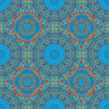 Vektör çizimi. Yeşil, mavi ve gri renklerde. Ikat damaske desensiz arkaplan fayansı.