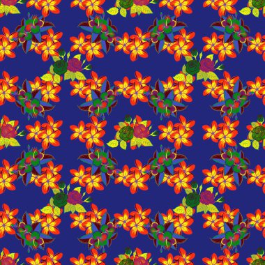 Çiçek arkaplan. Plumeria çiçekleriyle kırmızı, sarı ve mor renklerde pürüzsüz raster deseni..