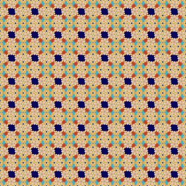 Raster illüstrasyonu. Turuncu, mavi ve sarı renklerde yapraklar ve tropikal çiçeklerle kusursuz arkaplan deseni.