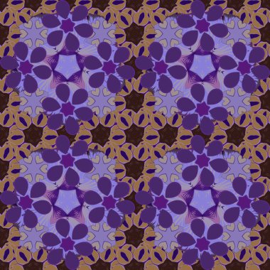 Vektör çizimi. Parlak kahverengi, mor ve menekşe elementlerle kusursuz bir Noel deseni..