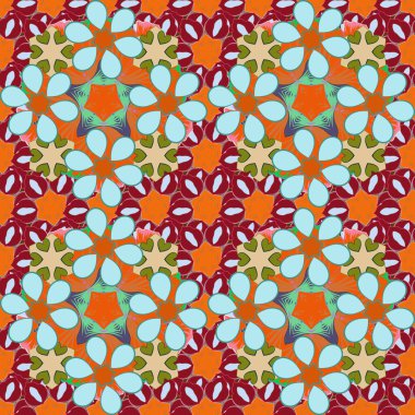 Kusursuz desenli, yeşil, turuncu ve kırmızı renkli küçük çiçekler. Küçük, soyut çiçeklerin içinde sevimli bir çiçek deseni..