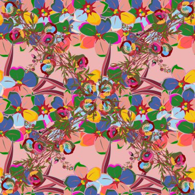 Pembe arka planda çiçeklerle süslenmiş kusursuz çiçek deseni. Vektör illüstrasyonu.