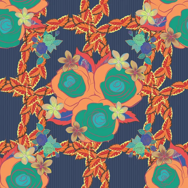 Blaue Orangefarbene Und Grüne Blütenblätter Rosen Nahaufnahme Schöne Abstrakte Nahtlose — Stockvektor