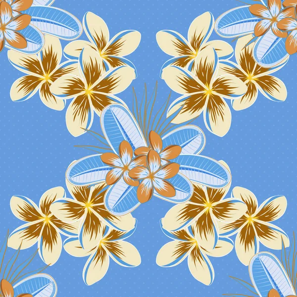 Bej Turuncu Mavi Renklerde Biçimlendirilmiş Plumeria Çiçekleriyle Kusursuz Çiçek Deseni — Stok Vektör