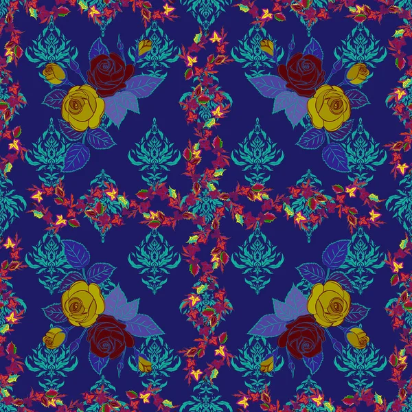 Cute seamless pattern in small rose flowers. Small purple, violet and blue rose flowers. Vector seamless floral pattern.