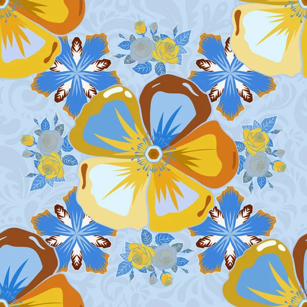 Векторные Цветы Марки Ключи Винтажный Безseamless Узор Желтом Оранжевом Синем — стоковый вектор