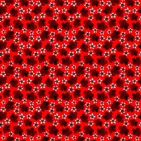 Векторный Симпатичный Узор Розовых Красных Черных Цветках Гибискуса Маленькие Цветки — стоковый вектор