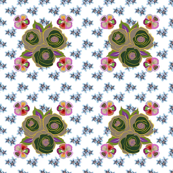Vector beautiful ditsy flowers in yellow and green colors. Flowering plant evolving from buds to blossom. Vector illustration. Seamless pattern for decor and textile.