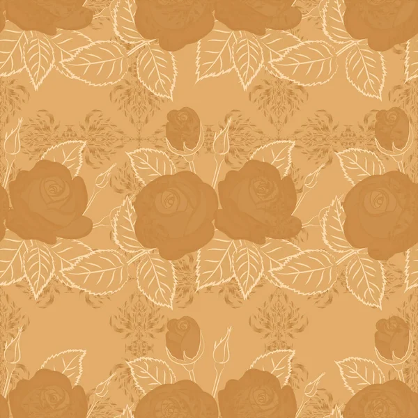 抽象的なベクトル背景 開花した花と茶色 オレンジ ベージュ色の緑の葉を持つ花のシームレスなパターン バラの花と緑の葉とスタイリッシュな壁紙 — ストックベクタ