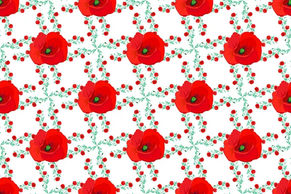 Raster Illusstration Many Poppy Flowers Red Colors White Background Tetile — Stock Photo, Image