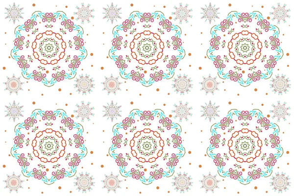 Arab, Asian, ottoman motifs in red, green and orange colors. Simple snowflakes seamless pattern, abstract elements, decorative ornament. Vector illustration. Cute seamless pattern.