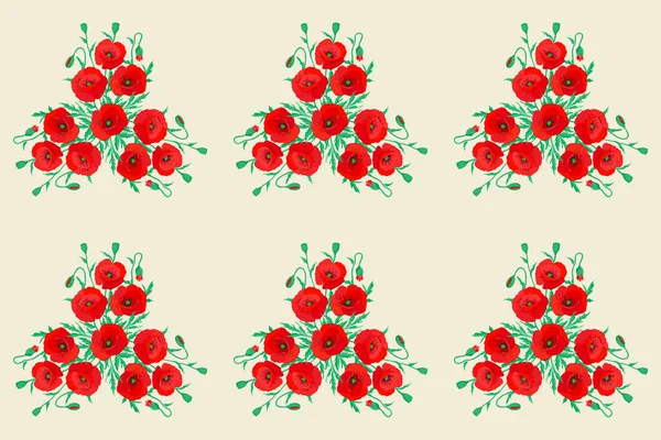 Seamless Pattern Groups Six Poppy Bouquets Red Colors Beige Background — Stock Photo, Image