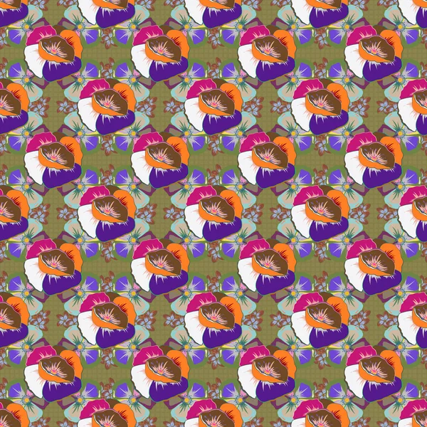 Акварельний Безшовний Візерунок Квітами Дици Фіолетовому Жовтому Кольорах Красивий Растровий — стоковий вектор