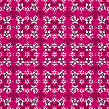 Şekillendirilmiş küçük çiçeklerle kusursuz bir model vektör arka planı. Vektör çizimi. Eflatun, mor ve mor renkte grafiksel desen.