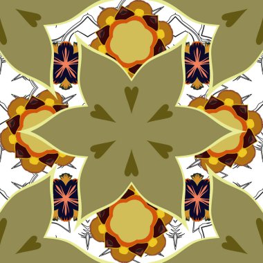 Kesişen kıvrımlı zarif stilize yapraklar ve parşömenler soyut bir çiçek süsü oluşturuyorlar. Arabesk. Klasik soyut vektör çiçek deseni yeşil, sarı ve kahverengi renklerde..