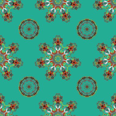 Doğulu tarzı. Şam, kahverengi, turuncu ve yeşil renklerde kusursuz desen. Kumaş, duvar kağıdı, arkaplan, davetiye, ambalaj ve kitap kapakları için tasarım. El çizimi eskiz. Vektör vintage süsü.