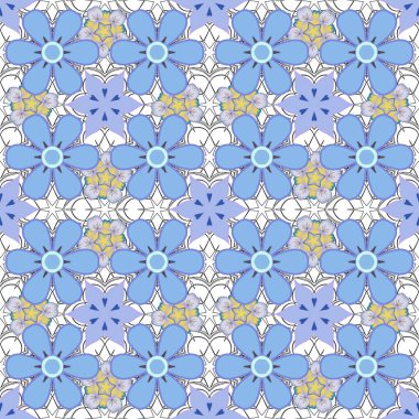 Vektör çizimi. Gri ve mavi renkli biçimlendirilmiş çiçeklerle kusursuz çiçek deseni.