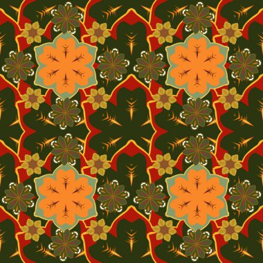 Turuncu, gri ve yeşil renkli pek çok küçük sevimli çiçeğin kusursuz deseni. Oldukça dandik bir çiçek izi - kusursuz bir arkaplan.