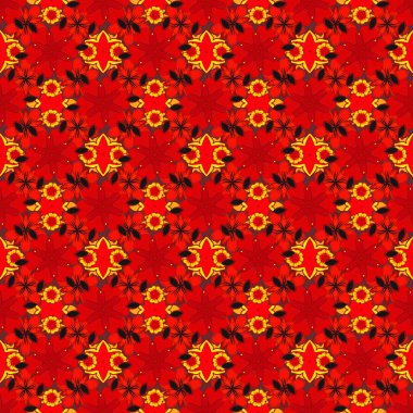 Turuncu, kırmızı ve sarı elementli zarif Noel Posteri Şablonu. Vektör çizimi. Lüks süslemeli kusursuz desen.