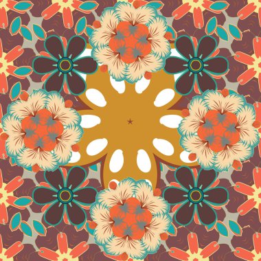 Turuncu, mor ve bej rengi süslemeli kusursuz desenler..