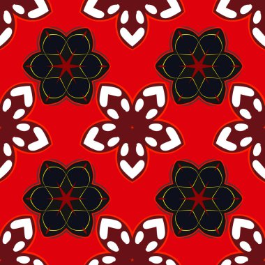 Kırmızı, pembe ve menekşe rengi süslemeli vektörsüz desen.