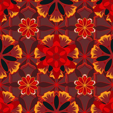 Kumaş, tekstil ve ambalaj kağıtları için dekoratif süs. Geleneksel doğulu desensiz şal deseni. Şal desenli, vektör çizgili, pürüzsüz desen. Çiçek duvar kağıdı siyah, sarı ve kırmızı renklerde..