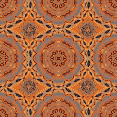 El yapımı çizim. Suluboya boya etkisi. Noel 2019 tasarım ve dekorasyonu için. Kar taneleri, karalamalar ve noktalar ile kusursuz desen mavi, kahverengi ve turuncu renklerde.