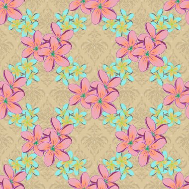 Vintage tarzında kusursuz, küçük bir çiçek deseni. Sarı, pembe ve yeşil renklerde kusursuz desen.