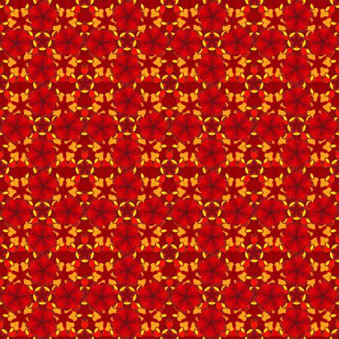 Geleneksel Noel renklerinde kusursuz bir desen. Soyut sarı, turuncu ve kırmızı geometrik süs. Sayısal kağıt, tekstil baskısı, sayfa doldurma veya paketleme için kullanılabilir.