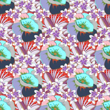 Soyut etnik raster kusursuz desen. Kabile sanatı boho baskısı, klasik çiçek arkaplanı. Arkaplan dokusu, duvar kağıdı, turuncu ve mavi renkli çiçek teması.