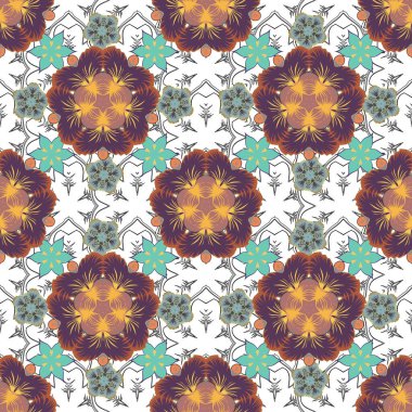 Vektör çiçek deseni kahverengi, yeşil ve mavi renklerde.