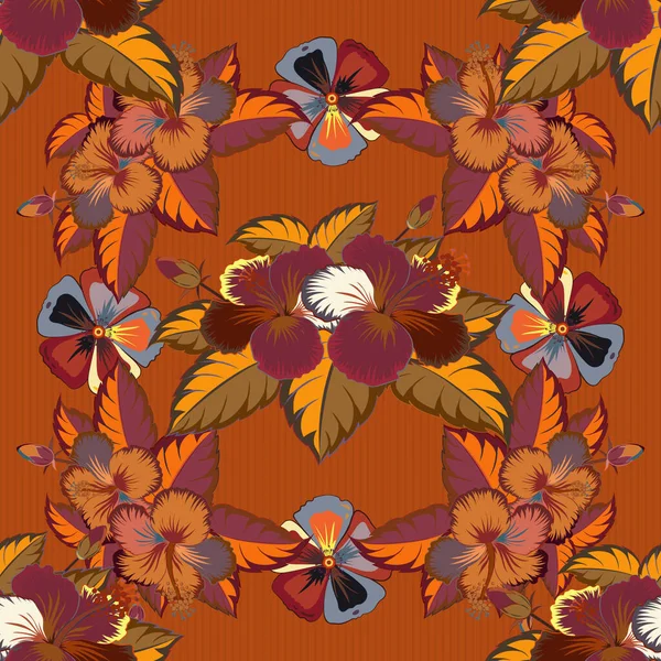 Bright Hawaiian Seamless Pattern Brown Orange Red Tropical Hibiscus Flowers — Stock Vector