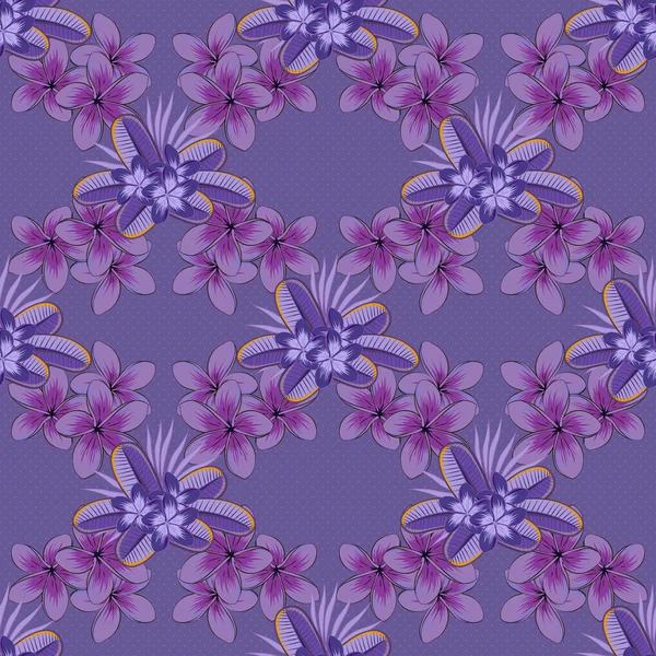 Rasterillustratie Naadloos Bloemenpatroon Met Gestileerde Plumeria Bloemen Violette Bruine Blauwe — Stockvector