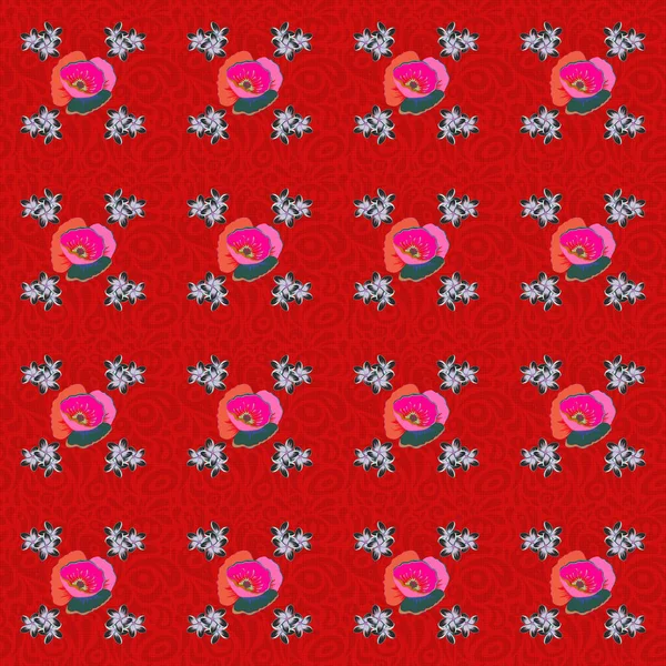 Nahtloses Muster Mit Dekorativen Sommerblumen Roten Und Rosa Farben Aquarell — Stockvektor