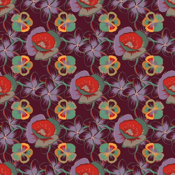 美丽的水色罂粟花 有褐色 红色和灰色三种颜色 明亮的绘画激发了罂粟花纹 矢量无缝背景 — 图库矢量图片