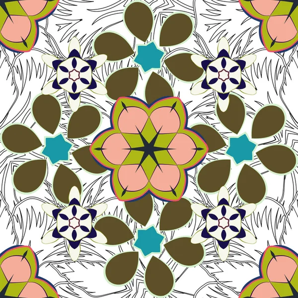 Vintage Style Seamless Pattern Abstrat Flowers Green Beige Blue Colors — Stock Vector