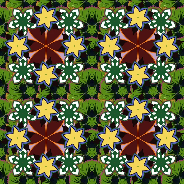 1950年代至1960年代的主题 复古纺织品设计系列 秋天的颜色手绘花卉成分的无缝栅格图案 有绿色 灰色和黑色花朵的丝巾 — 图库矢量图片