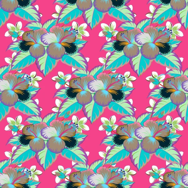 Raster Illustration Seamless Background Pattern Tropical Flowers Leaves Green Blue — Stock Vector