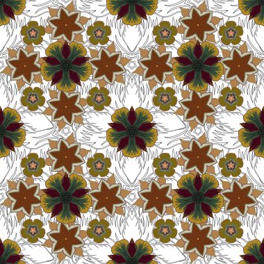 Tasarım daveti, baskı, kart, duvar kağıdı, tekstil veya kumaş için vektör baskısı. Motley süslemesiz desen kahverengi, sarı ve mavi renklerde.