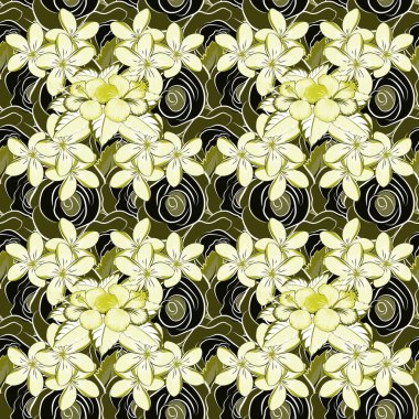 Aloha T-Shirt tasarımı. Poster, broşür ve sunum için en iyi yaratıcı tasarım. Vektör kusursuz desen. Aloha Hawaii, Luau Party davetiyesi yeşil, sarı ve bej çiçekli..