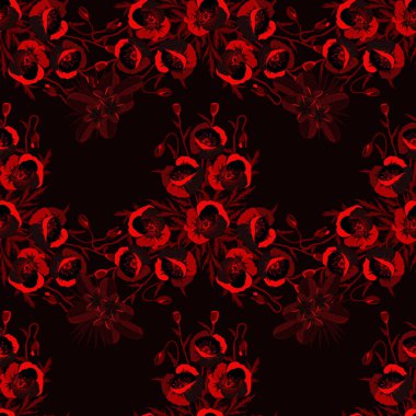 Geometrik yaprak süsü. Grafiksel modern model. Haşhaş çiçekleriyle kusursuz desen. Kahverengi, siyah ve kırmızı renklerde kusursuz soyut çiçek deseni. Şirin vektör arkaplanı.