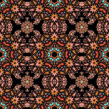 Vektör tarzı süs. Soyut çiçekli kraliyet duvar kağıdı. Damask, kahverengi, turuncu ve kırmızı renklerde, kusursuz çiçek deseni..