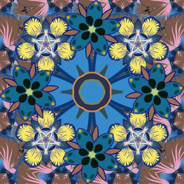 Sarı, mavi ve kahverengi renkli çiçek motifleri ile soyut zarafet deseni.