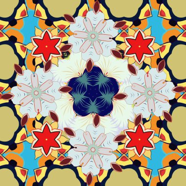 Küçük çiçeklerdeki hoş, pürüzsüz desen. Sarı, mavi ve kırmızı renkli küçük çiçekler. Ditsy çiçek stili. Moda baskıları için zarif bir şablon.