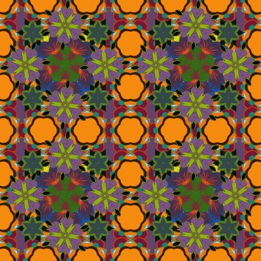 Küçük çiçekte sevimli, dikişsiz çiçek vektör deseni. Turuncu, yeşil ve mor renklerde kusursuz desen.