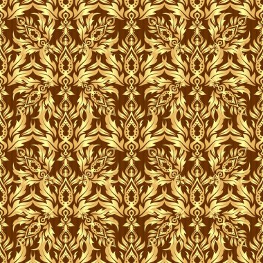 Turuncu, kırmızı ve sarı renklerde pürüzsüz döşeme deseni. Vektör vintage damaske süsü.