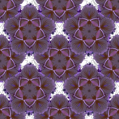 Vektör çizimi. Gri, mor ve mor renklerde, karışık çiçeklerle kusursuz çiçek deseni..