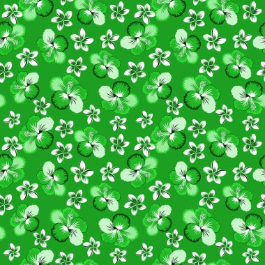 Yaz modası, iç mekan, duvar kâğıdı. Yeşil ve mavi renkli amberçiçeği olan kusursuz tropikal tasarım. Vektör çizimi. Kompozisyonda egzotik çiçekler.