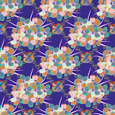 Çiçeksiz desen. Raster illüstrasyonu. Mavi ve yeşil renkli, soyut şirin çiçeklerle dolu bahar kağıdı..